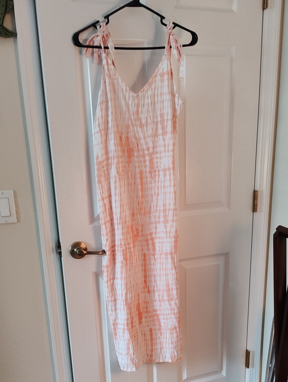 Tie-Shoulder Tie-Dye Summer Maxi Dress in Peach